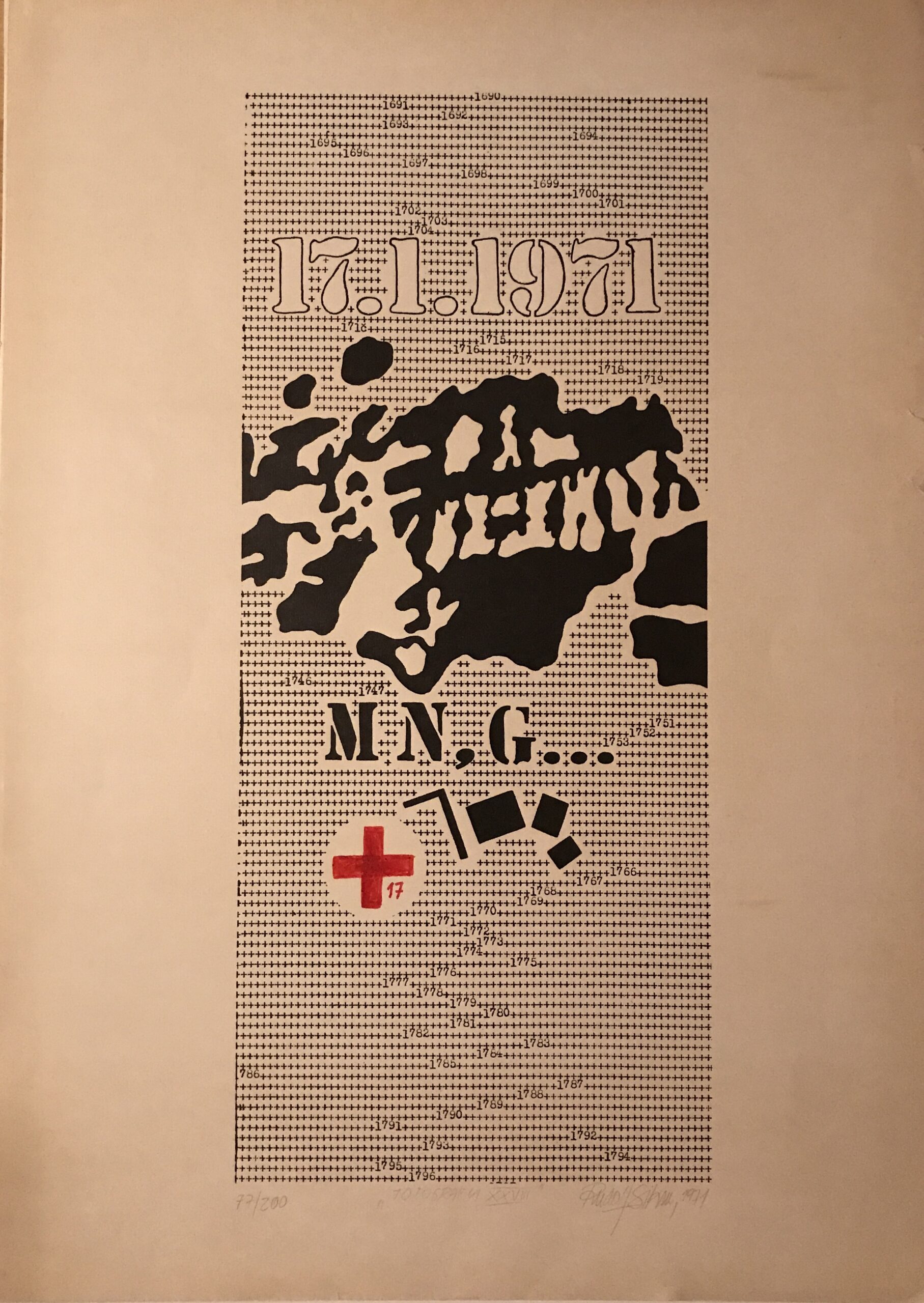 Sikora Rudolf, 1971, Topografia XXVIII, serigrafia a kresba, 77 z 200, 70x50